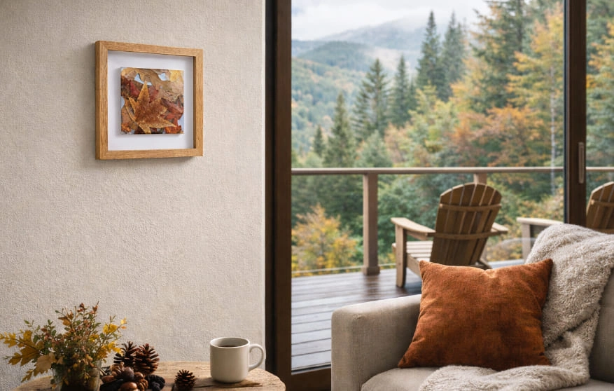 Tableau 25cm r&eacute;sine epoxy inclusion feuilles d'arbre naturelles cadre en ch&ecirc;ne